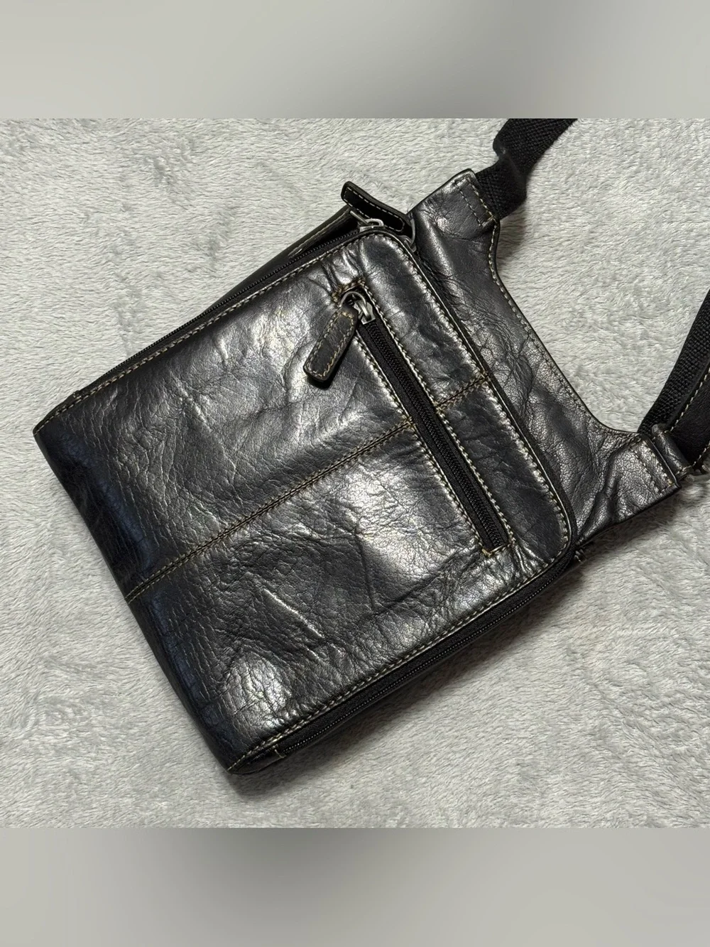 Jack Georges Black Slim Genuine Leather Organizer Crossbody Shoulder Bag NEW
